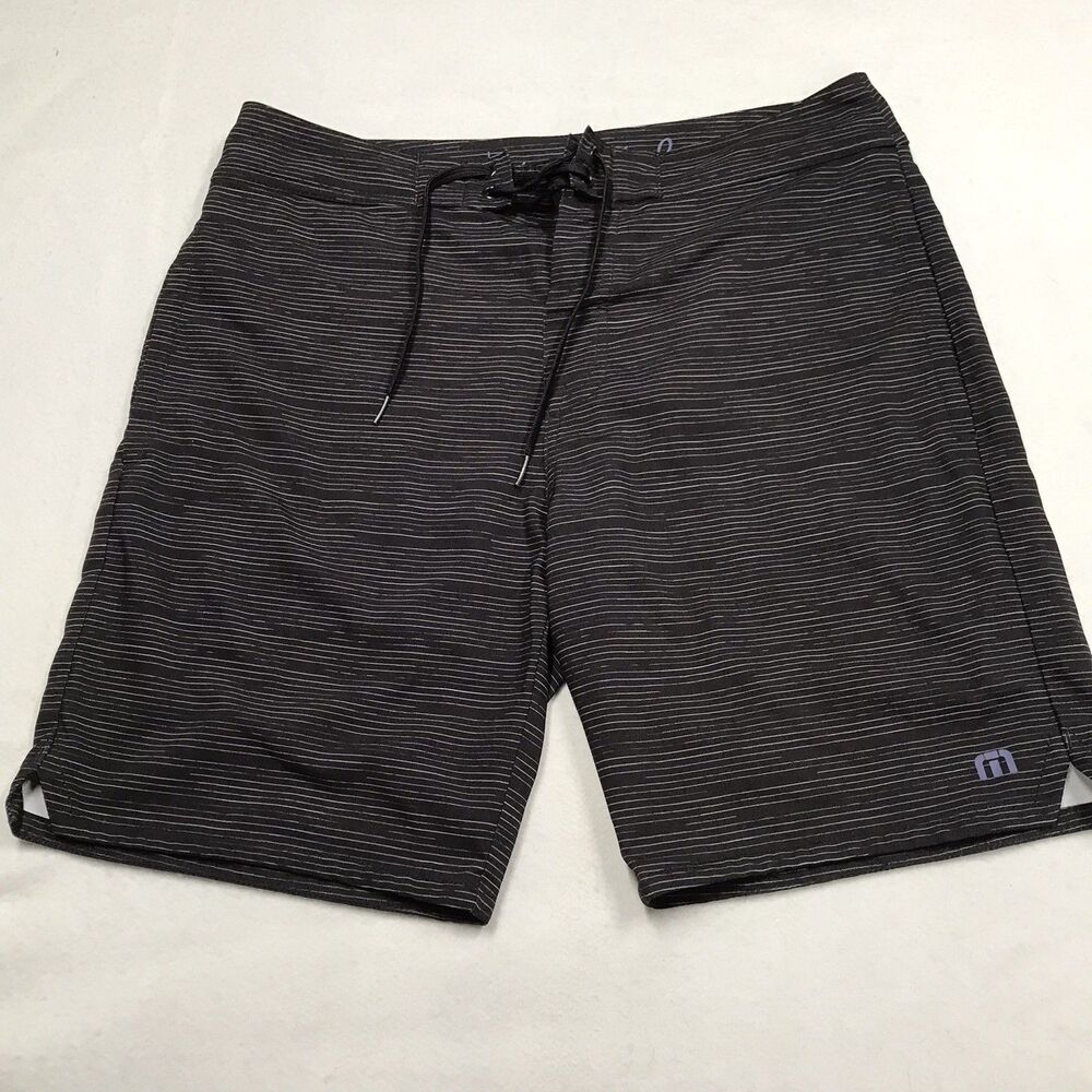 TRAVIS MATHEW Swim Trunks Men 32 Black Striped Board Short Drawstring